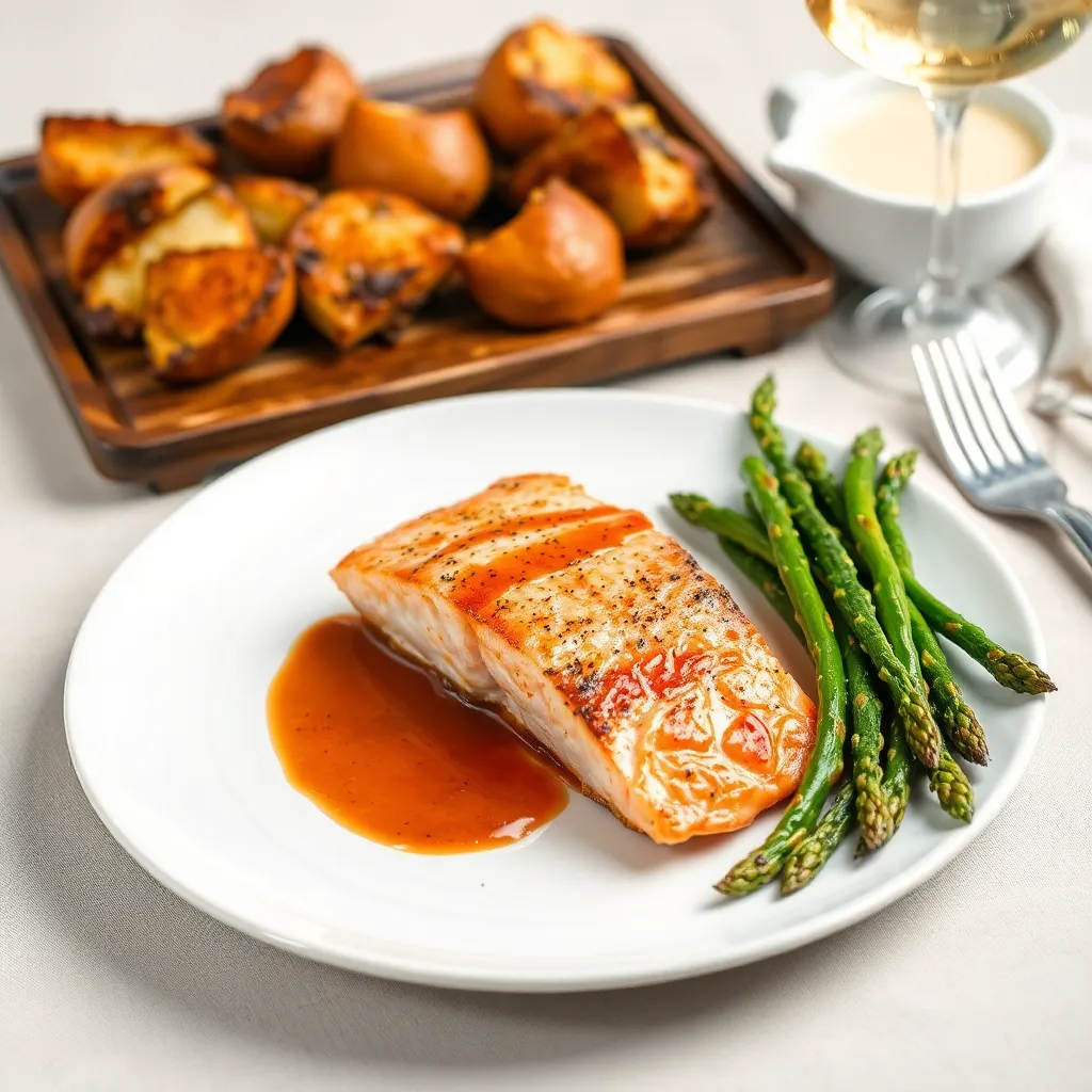 Plate with salmon dinner served with asparagus and roasted potatoes with sauce