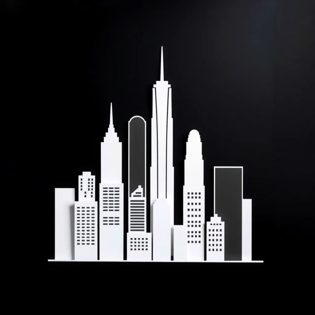 White paper cutout cityscape with tall buildings on black background