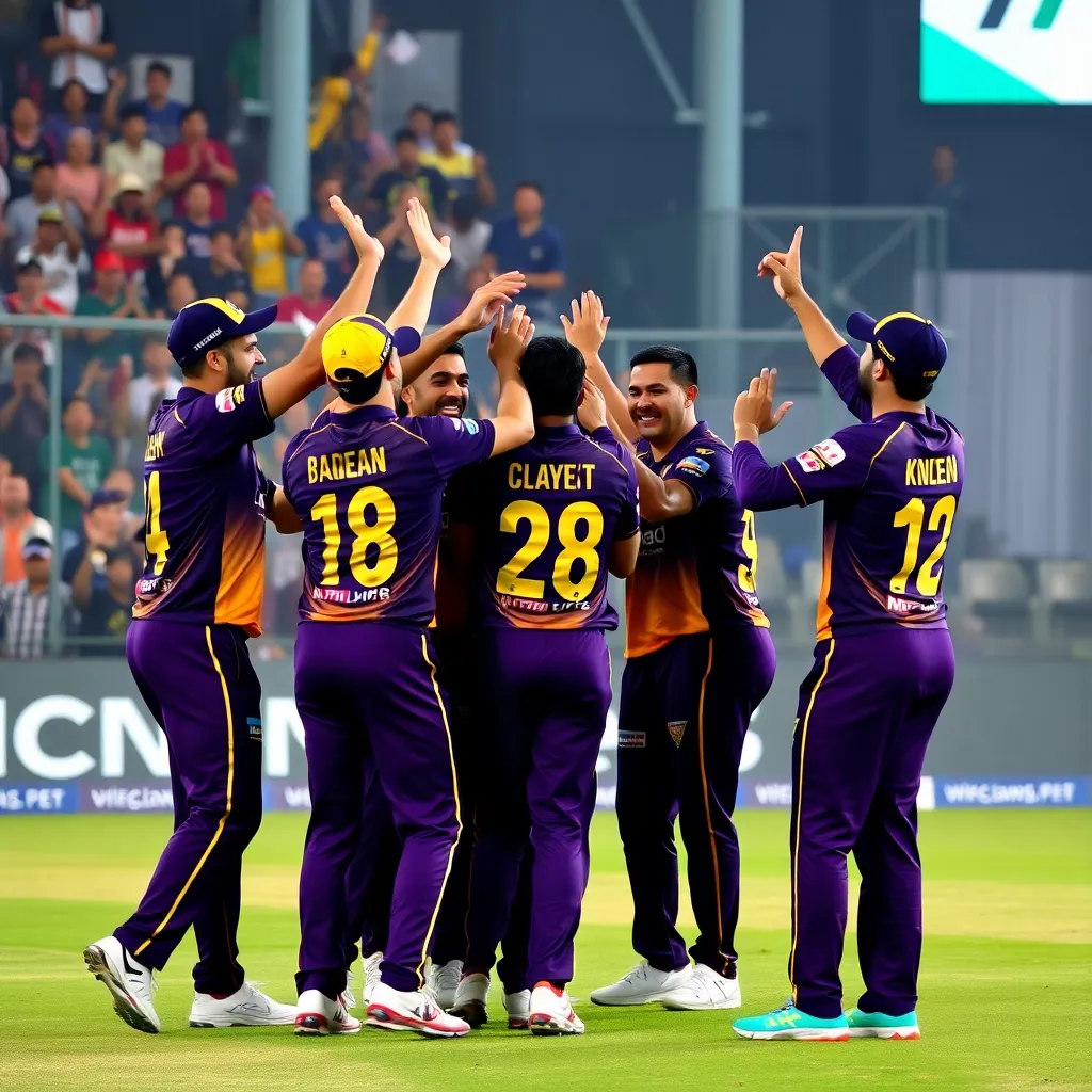 KKR players celebrating an 8 wicket win on the cricket field with fans cheering in the background