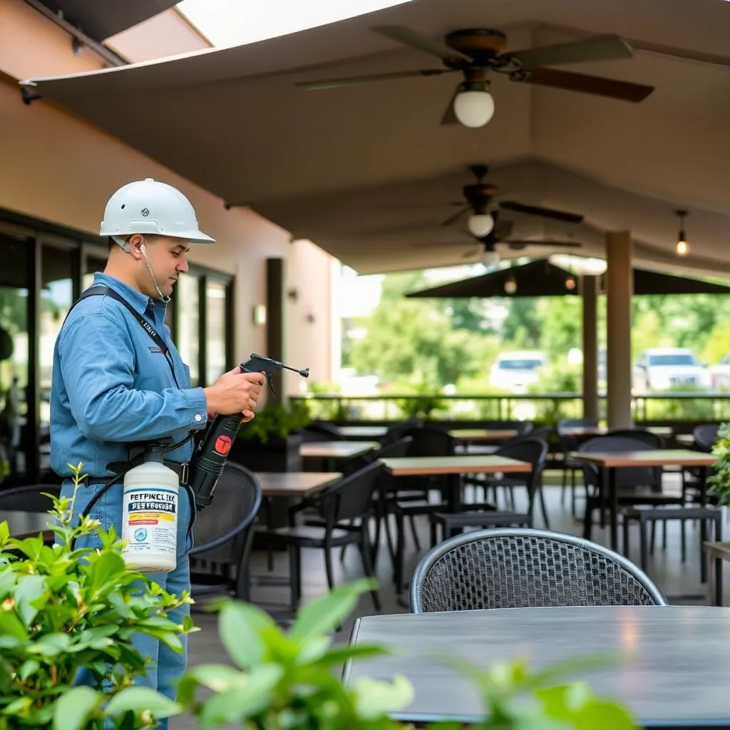 Fly control treatment being applied in a restaurant patio area with pest control technician spraying insecticide
