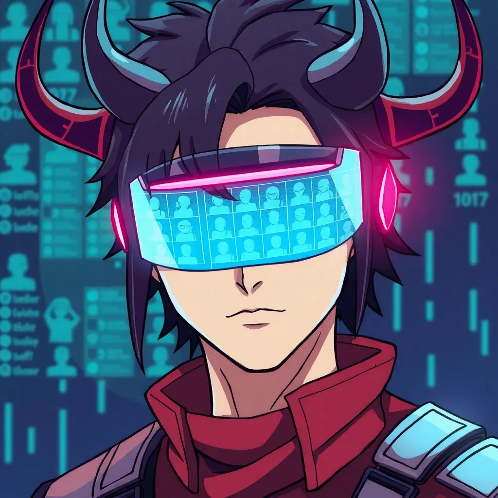 Demon Slayer anime character with futuristic visor scanning a grid of user IDs