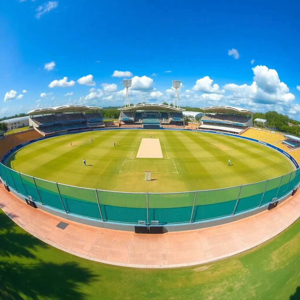 A panoramic view of Central Broward Regional Park Stadium in Lauderhill, Florida during a sunny day cricket match with players in action on the field
