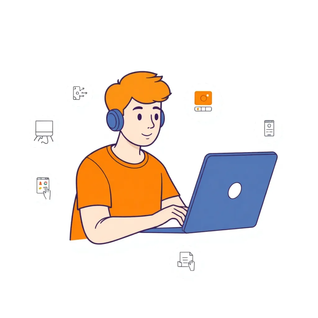 Illustration of a player using a laptop with icons representing tips like exploring games, tutorials, practice, and updates around them