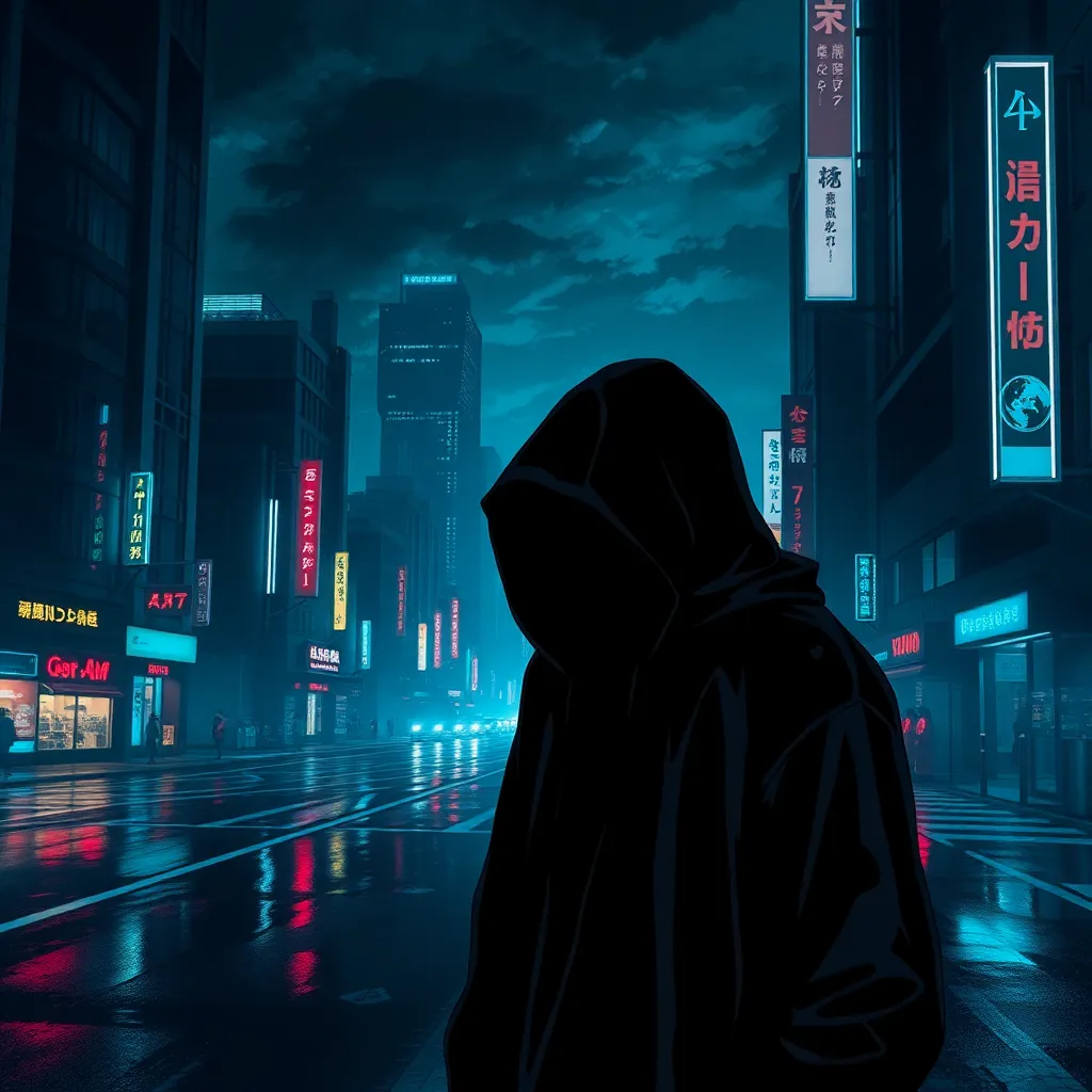 Dark themed anime wallpaper with a cyberpunk cityscape at night, neon lights reflecting on wet streets, and a mysterious figure with a hood