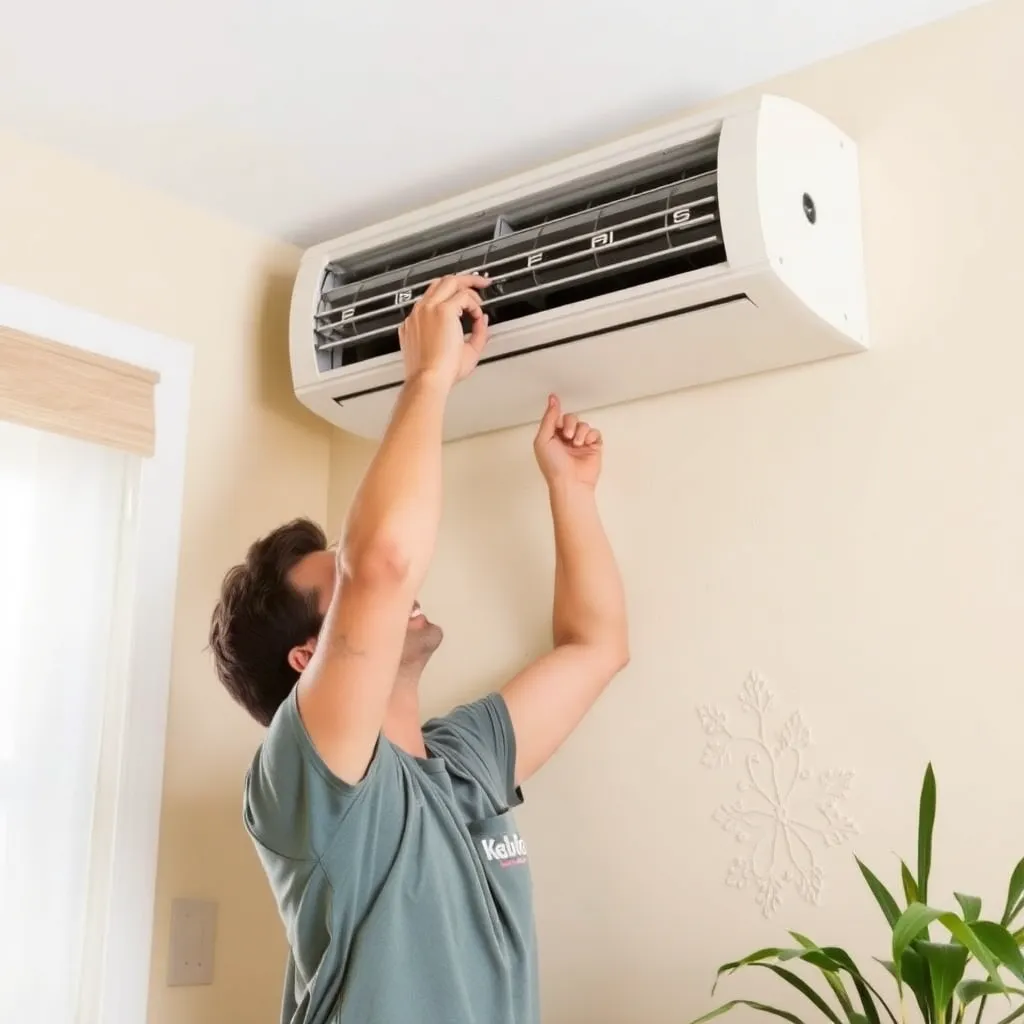 Person fixing an air conditioning unit indoors