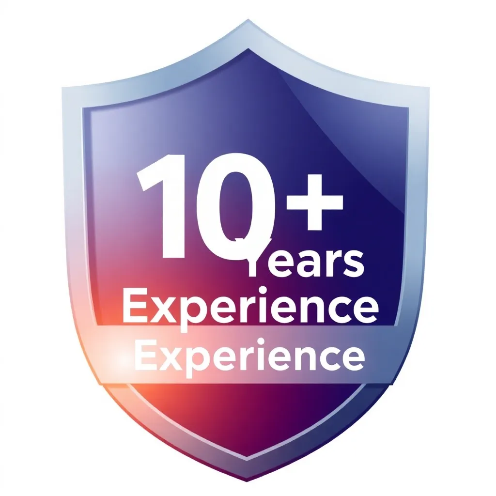 Shield icon with '10+ Years Experience' text inside, representing experience