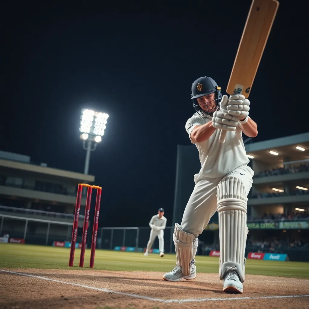 Close-up action shot of a batsman preparing to face a delivery from a fast bowler during a cricket match under stadium lights