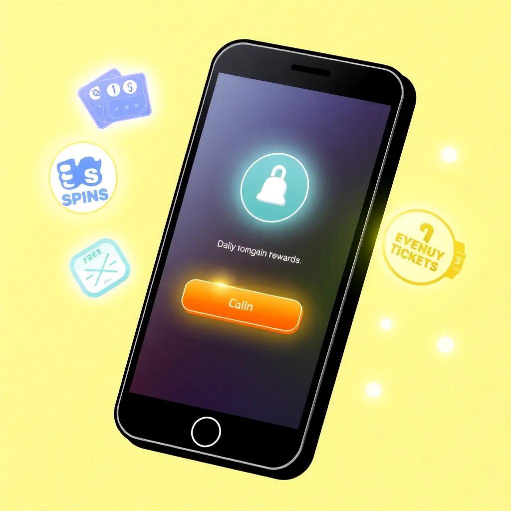 Illustration of a mobile phone with daily login rewards icons like free spins, bonus cash, and event tickets glowing around it