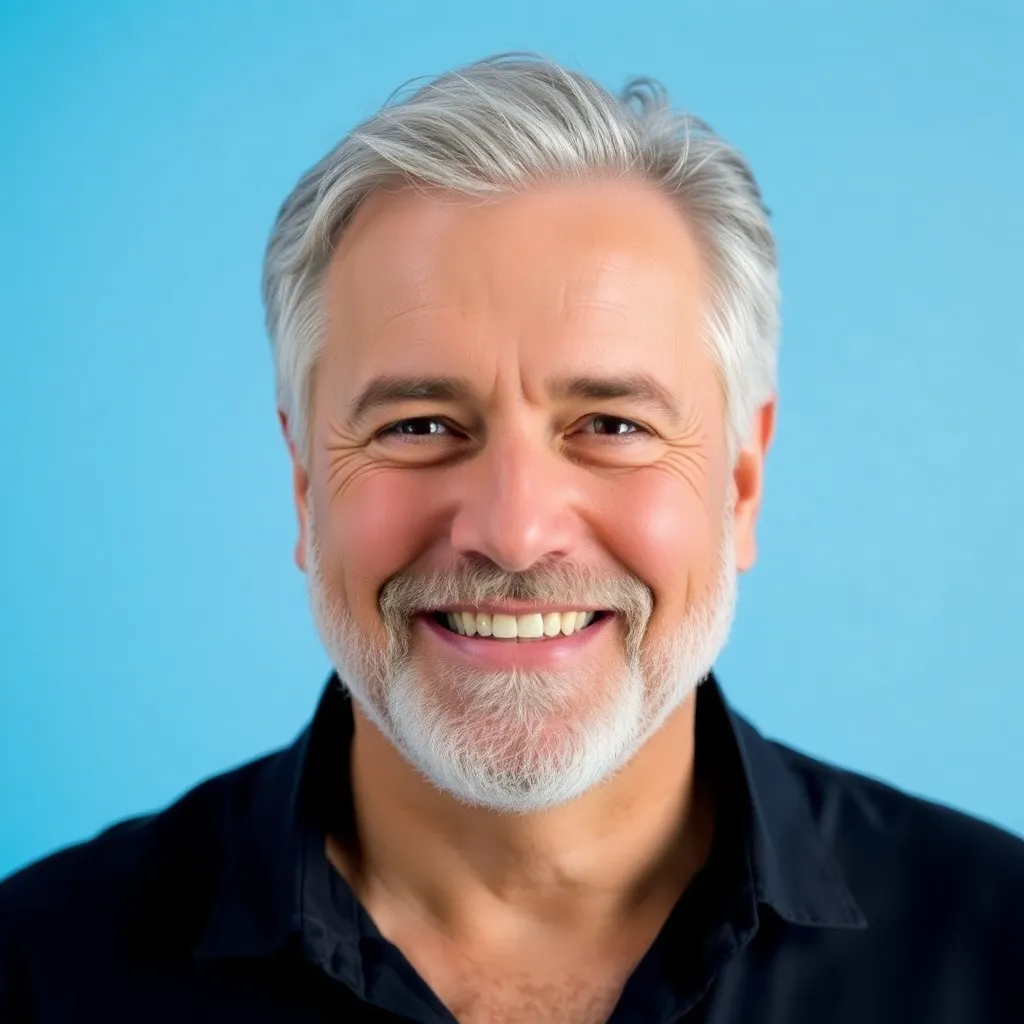 Portrait of a man with gray hair and beard smiling wearing dark shirt