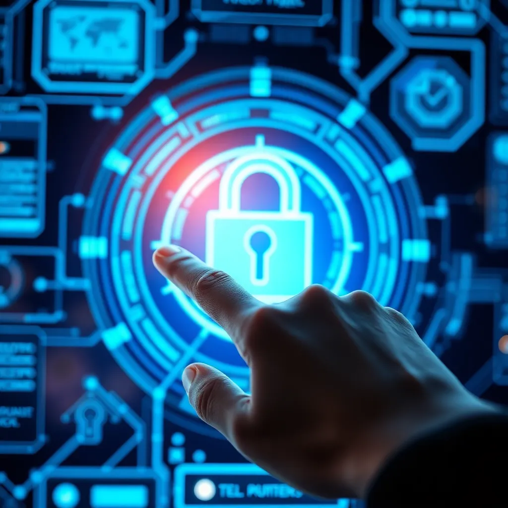 Hand pointing at a digital lock interface with blue futuristic UI elements