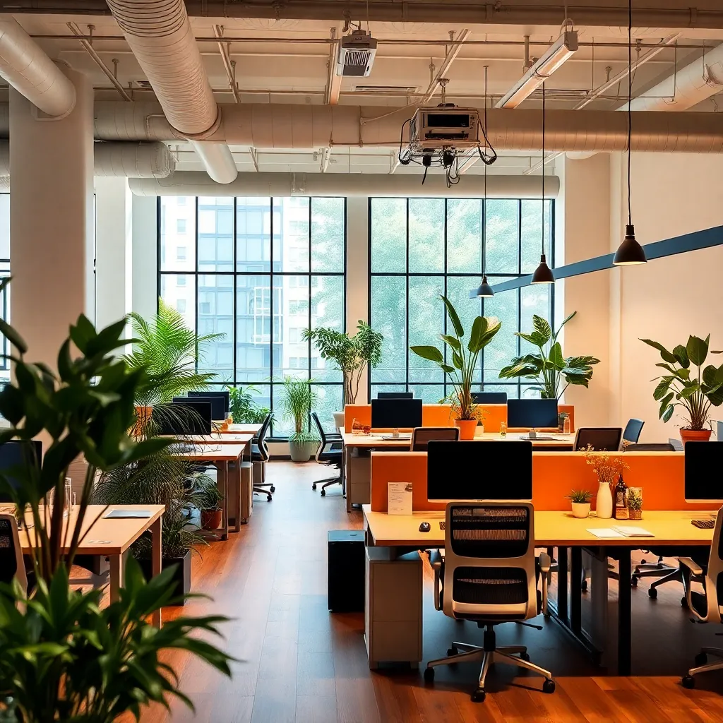 Open office space interior with collaborative desks, plants, and natural light