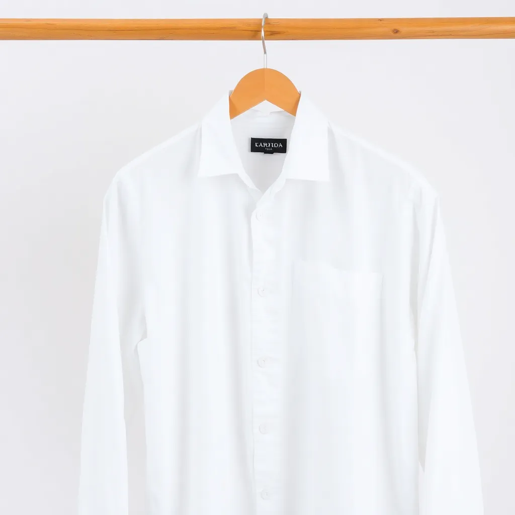 Casual white shirt hanging on a wooden hanger
