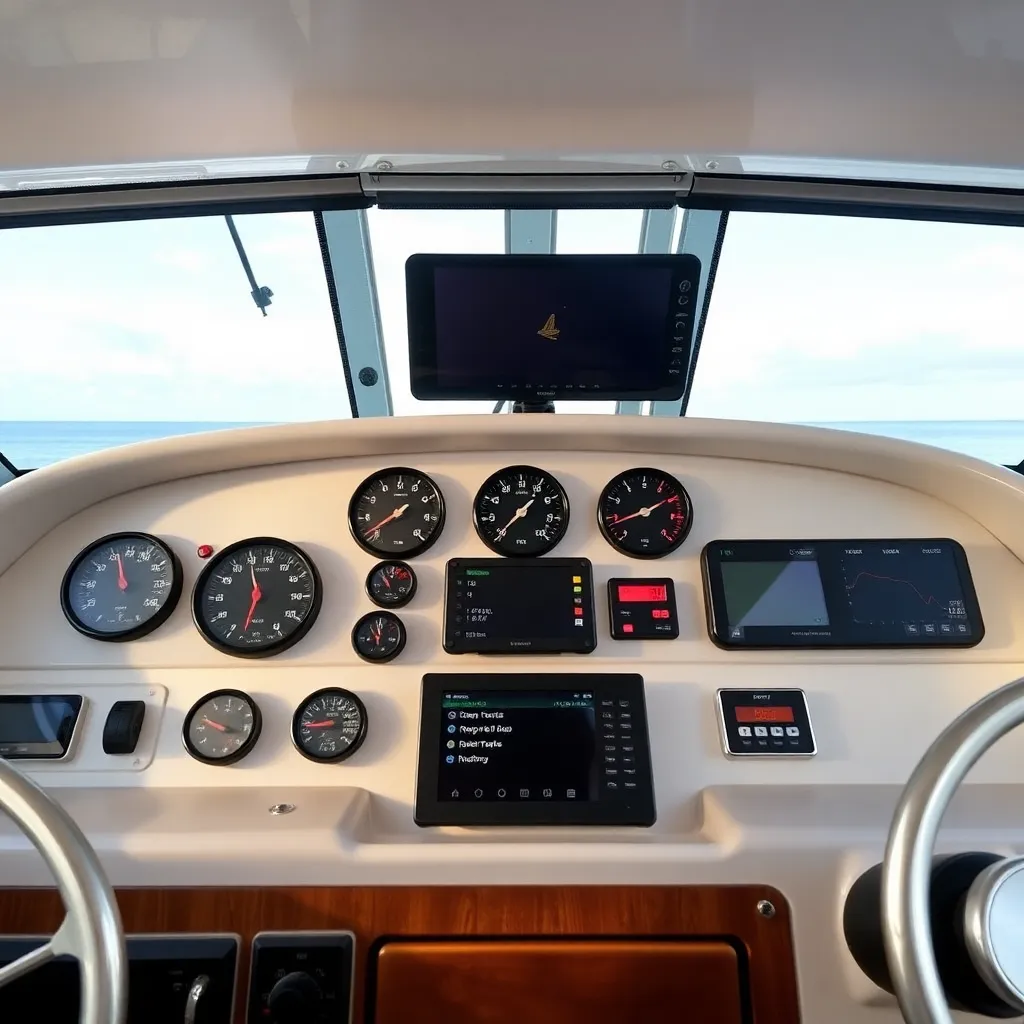 Marine instruments dashboard with multiple gauges and digital displays on a boat
