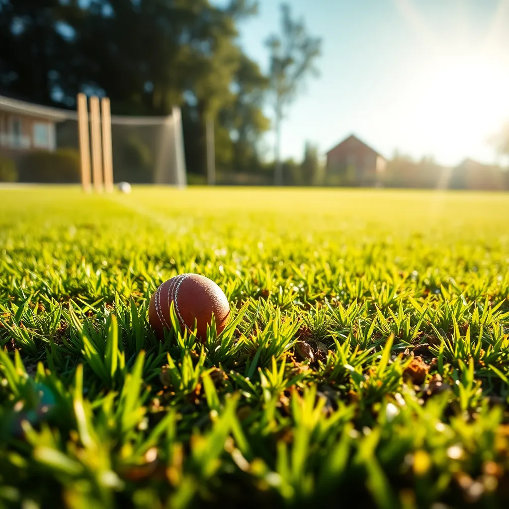 Closeup of cricket pitch with grass and wickets under bright sunlight