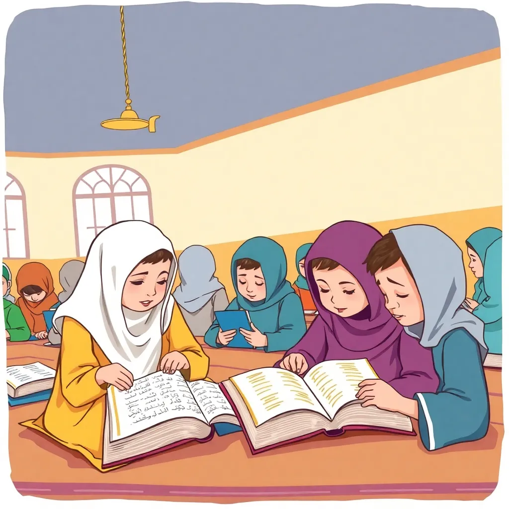 Ilustrasi pelajar membaca Quran di kelas
