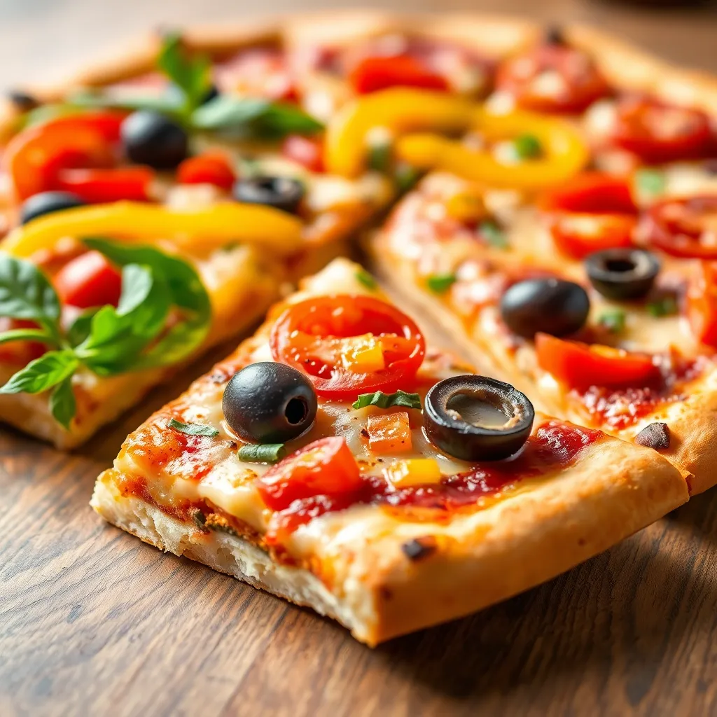 Slice of vegetable pizza with colorful toppings of bell peppers, olives, and tomatoes