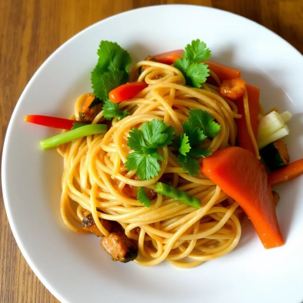 Plate of Mie Tek Tek Sayuran with noodles and fresh vegetables on white ceramic plate
