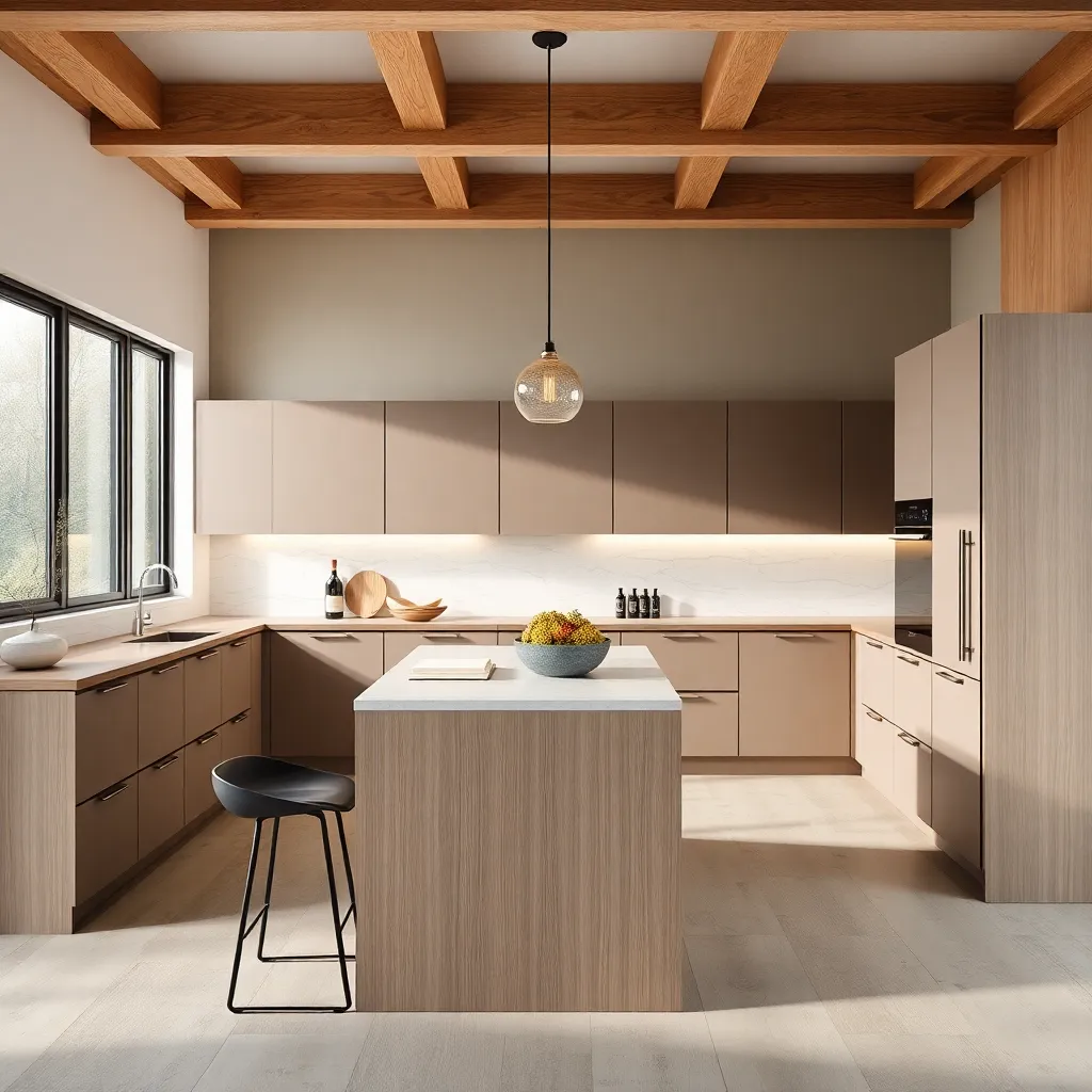 Modern kitchen interior with sleek cabinetry, island, and pendant lighting