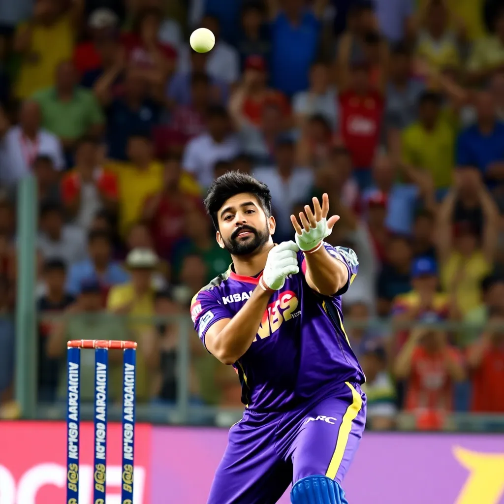 Kunal Singh Rathore catching a cricket ball behind the stumps during IPL match against KKR, stadium crowd cheering in background