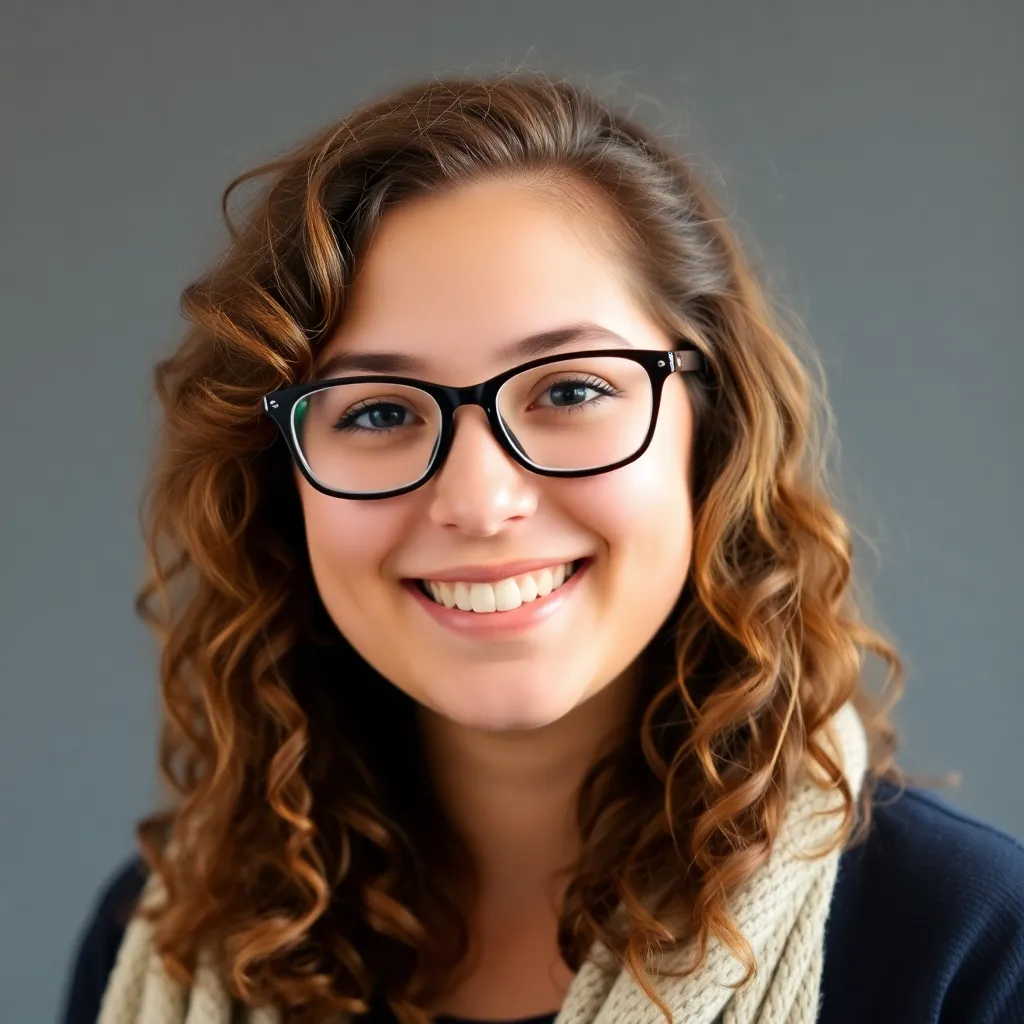 Portrait of Emily Martinez, a young woman with curly brown hair and glasses, smiling warmly