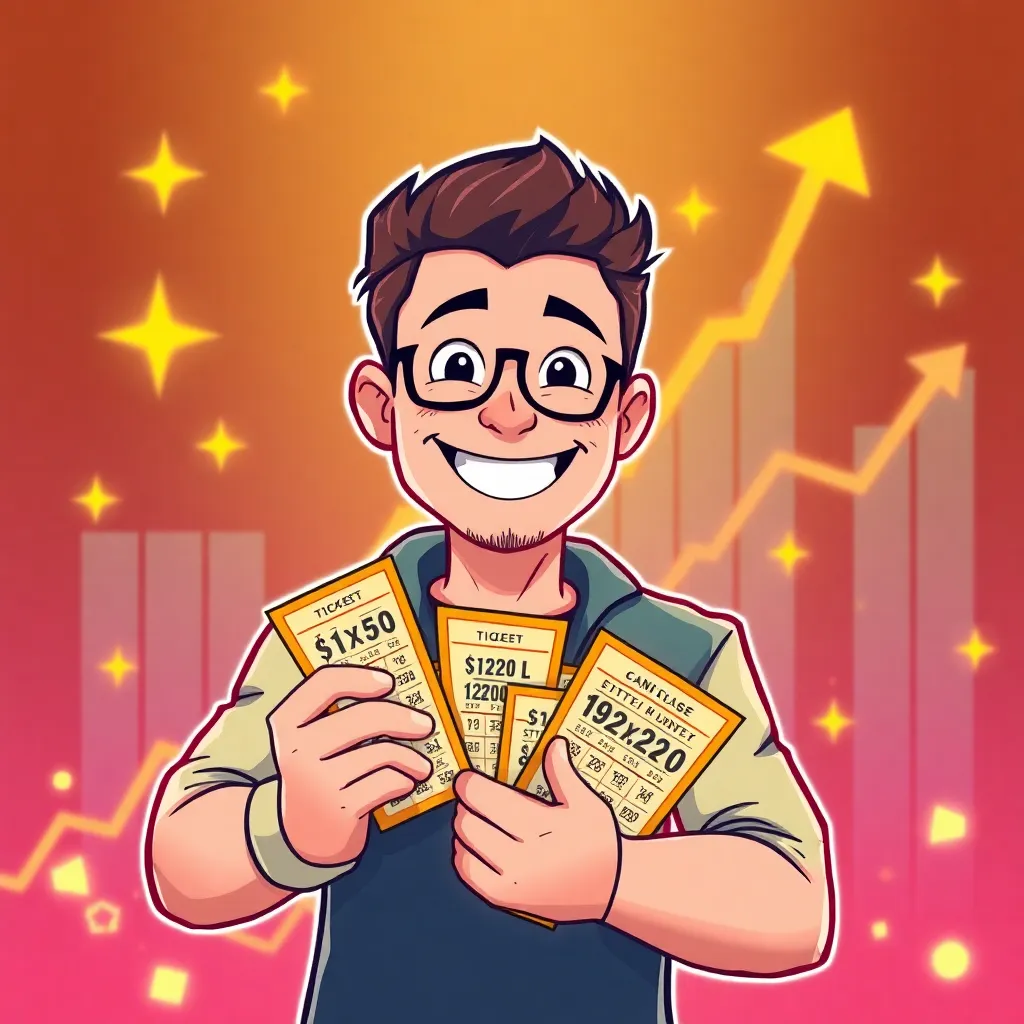 Illustration of a confident player holding winning lottery tickets with glowing effects and upward trending graph in background