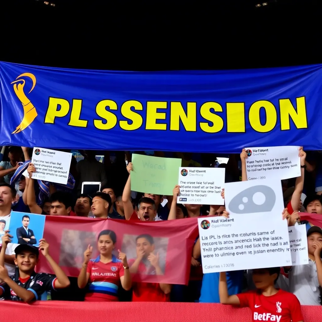 Cricket fans showing mixed emotions with banners and social media posts about IPL suspension