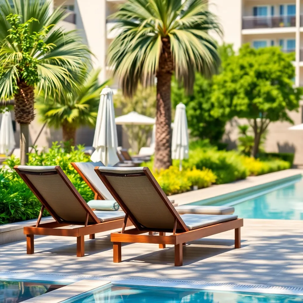 Outdoor hotel poolside lounge chairs with greenery and trees in background, sunny day