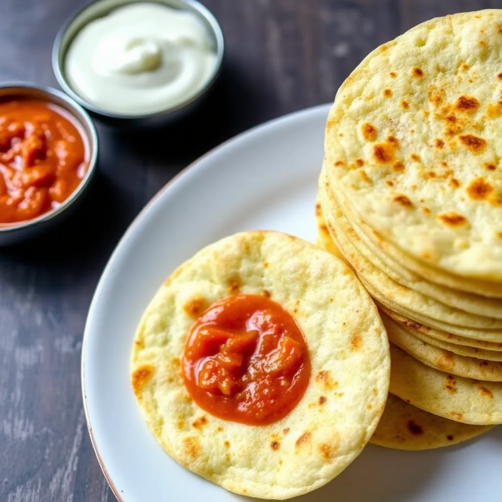 Crispy papadums stacked on a plate with a small bowl of chutney