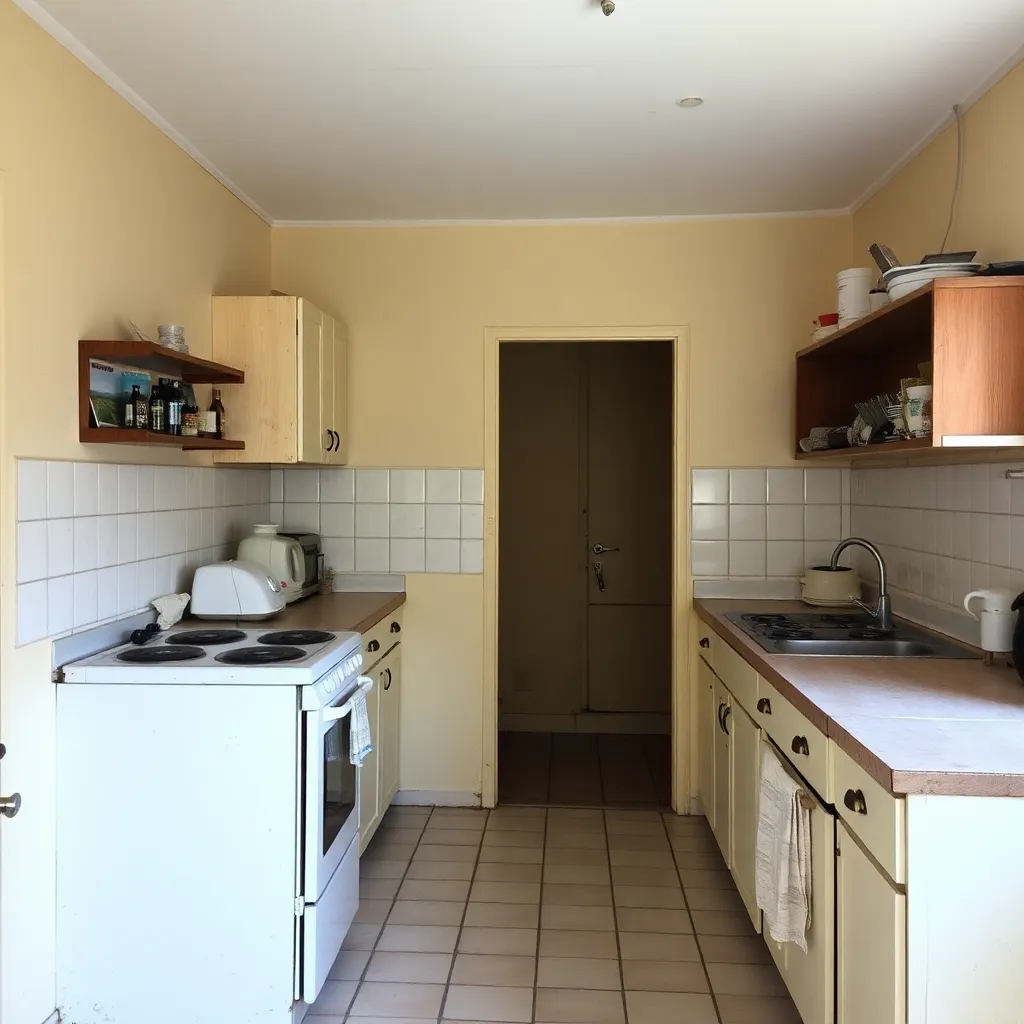 Old kitchen with beige walls and tiled floor on the left side