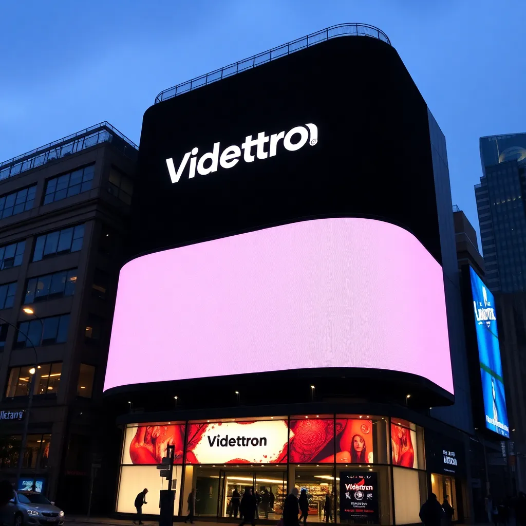 Large LED videotron display screen in an urban environment at dusk with bright white lights