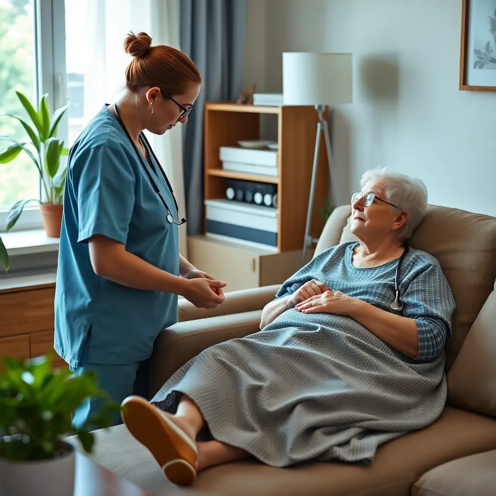 Liver transplant patient with caregiver at home, a nurse monitoring a liver transplant patient’s recovery in a calm home environment