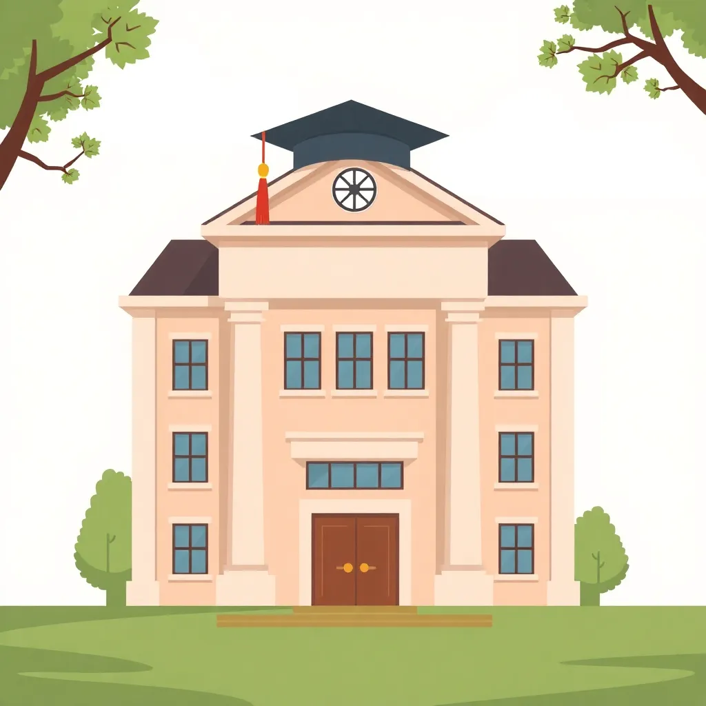 Illustration of a college building with a graduation cap