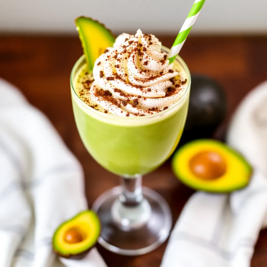 Glass of avocado juice with whipped cream and chocolate powder on top