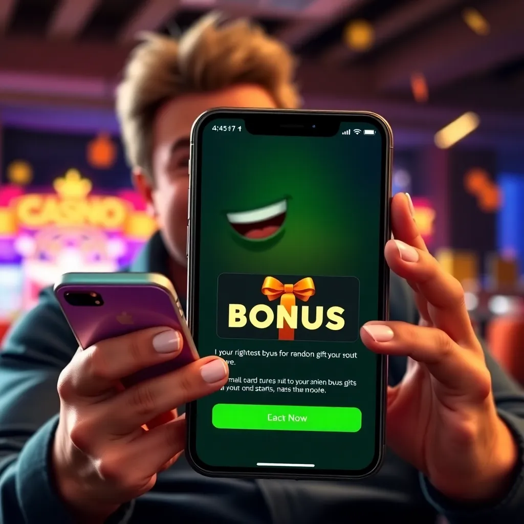 A happy online casino player receiving a random gift bonus notification on their mobile device