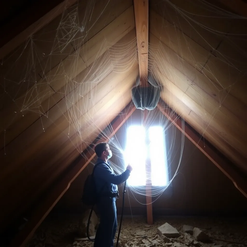 Spider removal service in a dusty attic with pest control technician removing spider webs