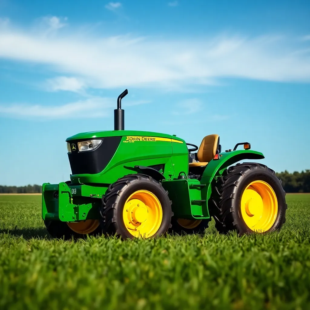 John Deere Tractor Model X9 in a green field with blue sky