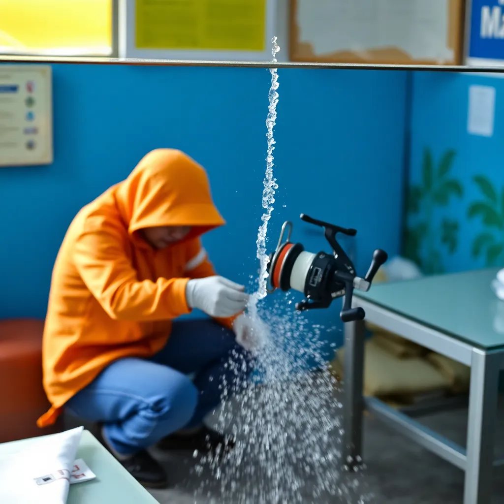 Peralatan memancing air asin seperti joran dan reel yang sedang dibersihkan dan dirawat di meja kerja
