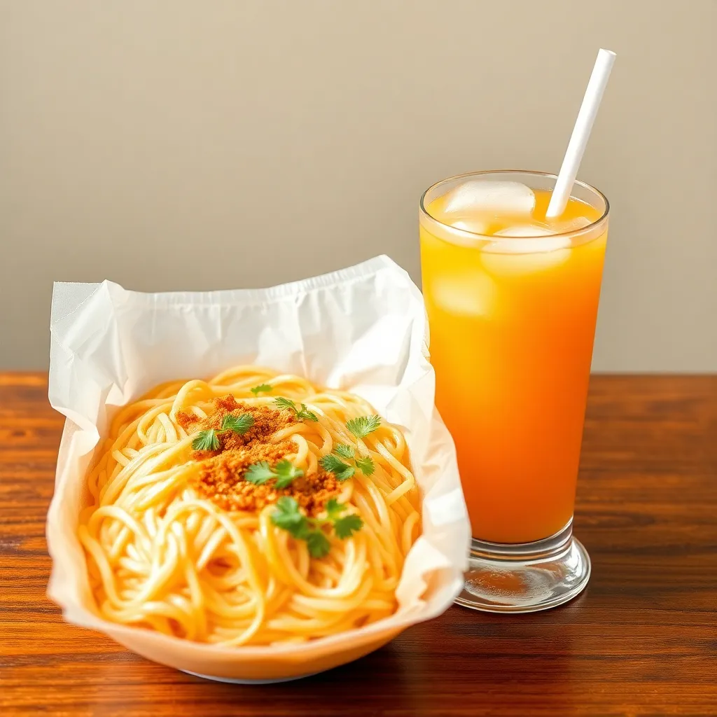 Meal package with noodles and iced orange juice in glass