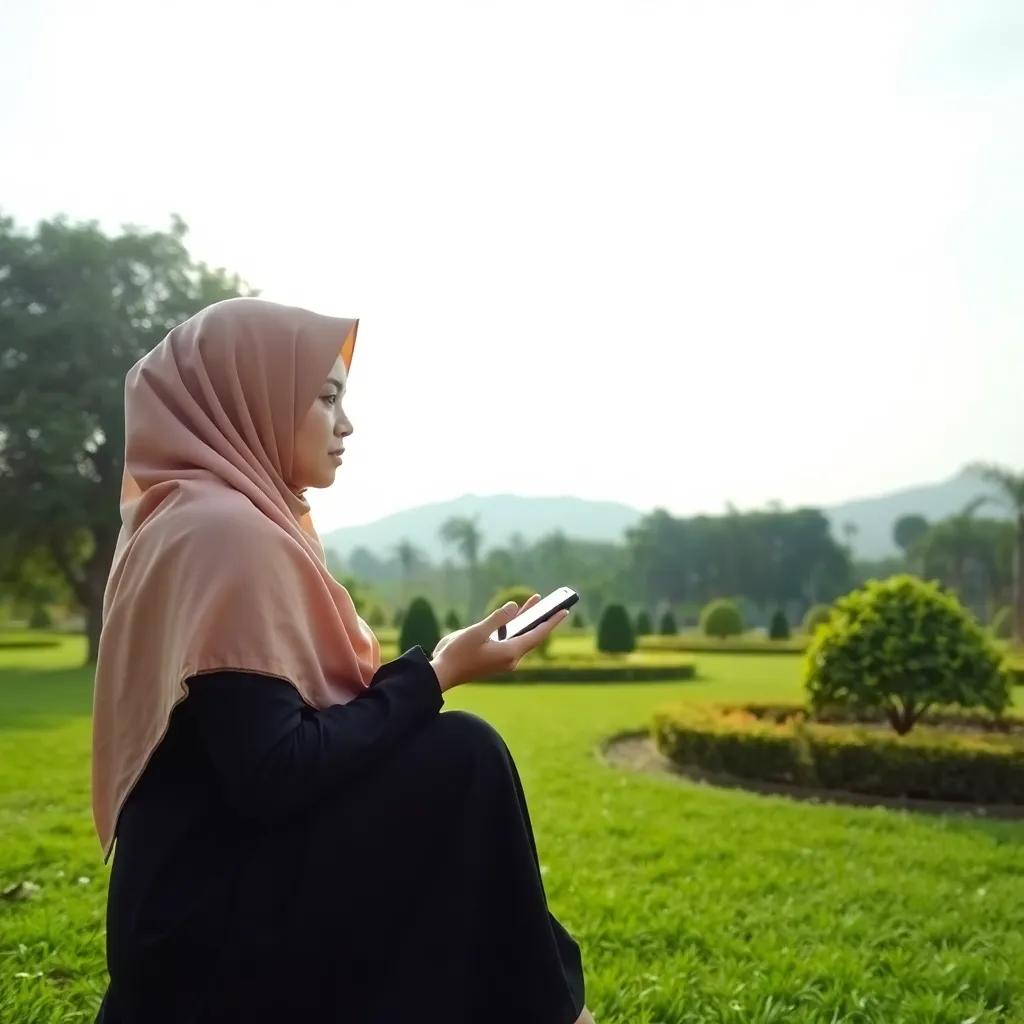 Seorang wanita muslimah sedang berdzikir di taman hijau dengan cahaya matahari lembut dan suasana damai