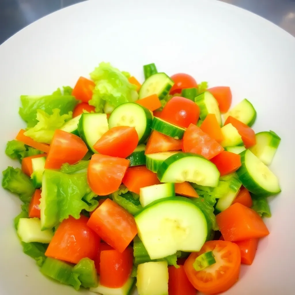 Fresh mixed salad with lettuce, tomatoes, cucumbers, and carrots in a white bowl