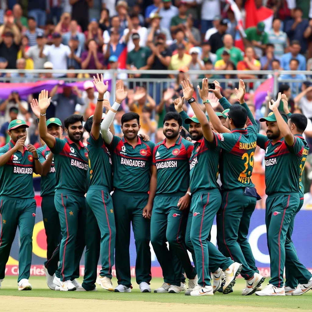 Bangladesh cricket team celebrating with fans in the stadium after a Test match victory, players waving and smiling