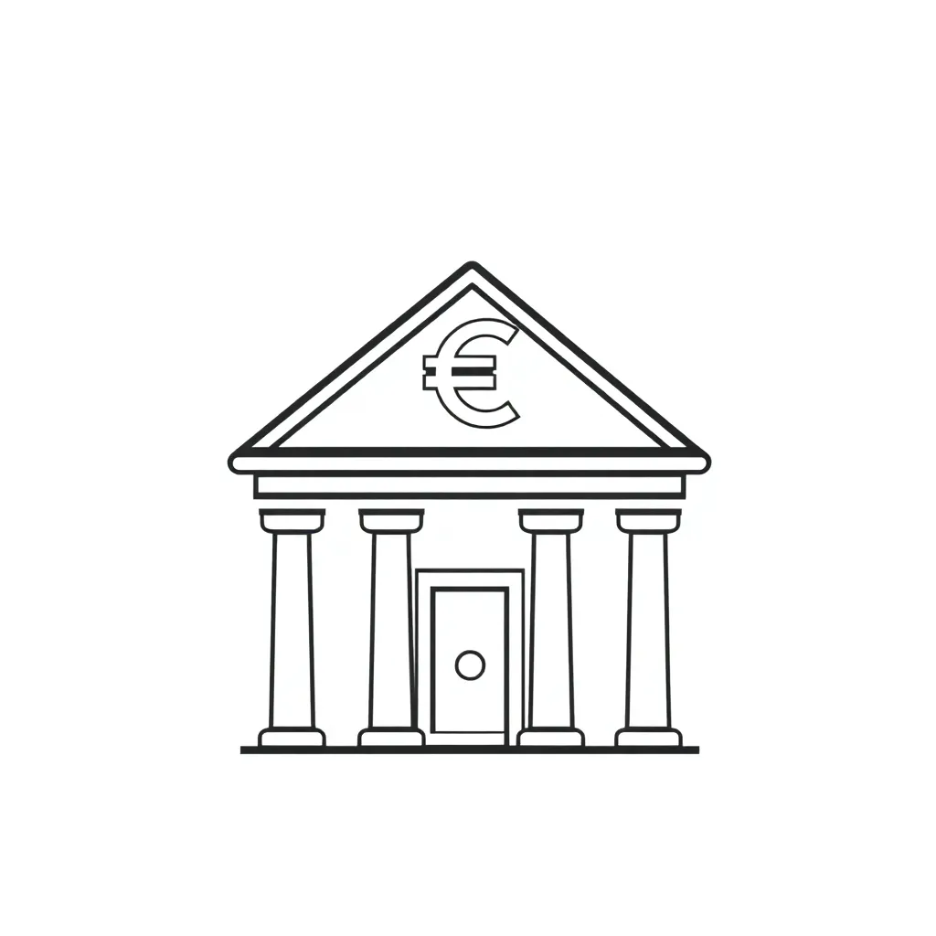 Black and white icon of a bank building with euro symbol on roof, transparent background