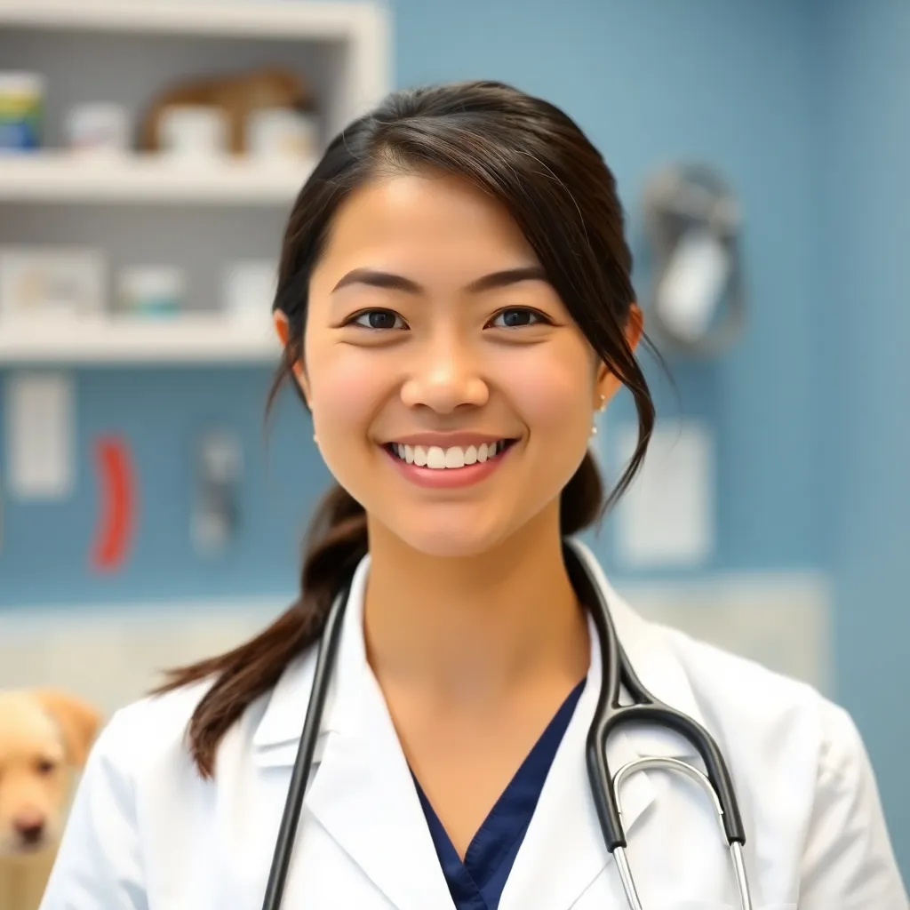 Portrait of Dr. Emily Nguyen, a compassionate female veterinarian with a stethoscope, smiling in a clinic setting