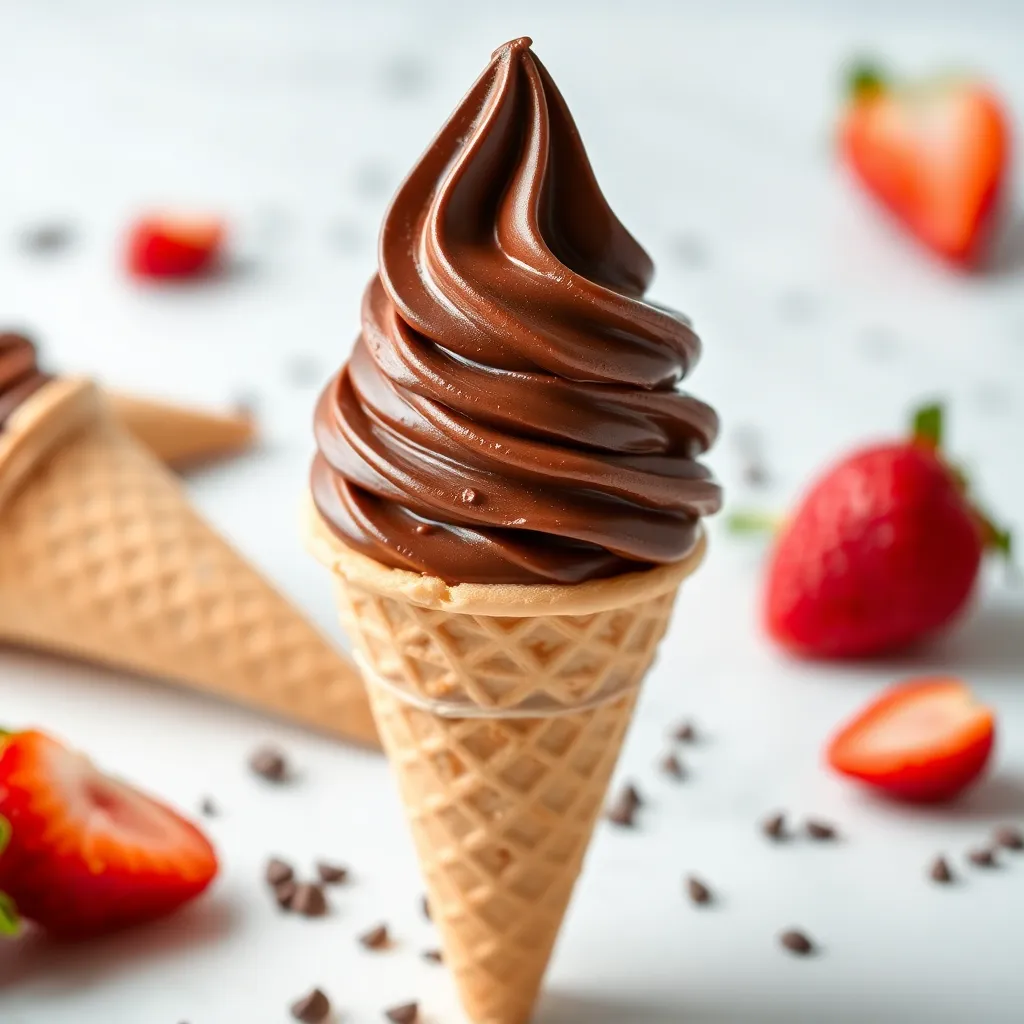 Cone es krim dengan rasa cokelat dan stroberi