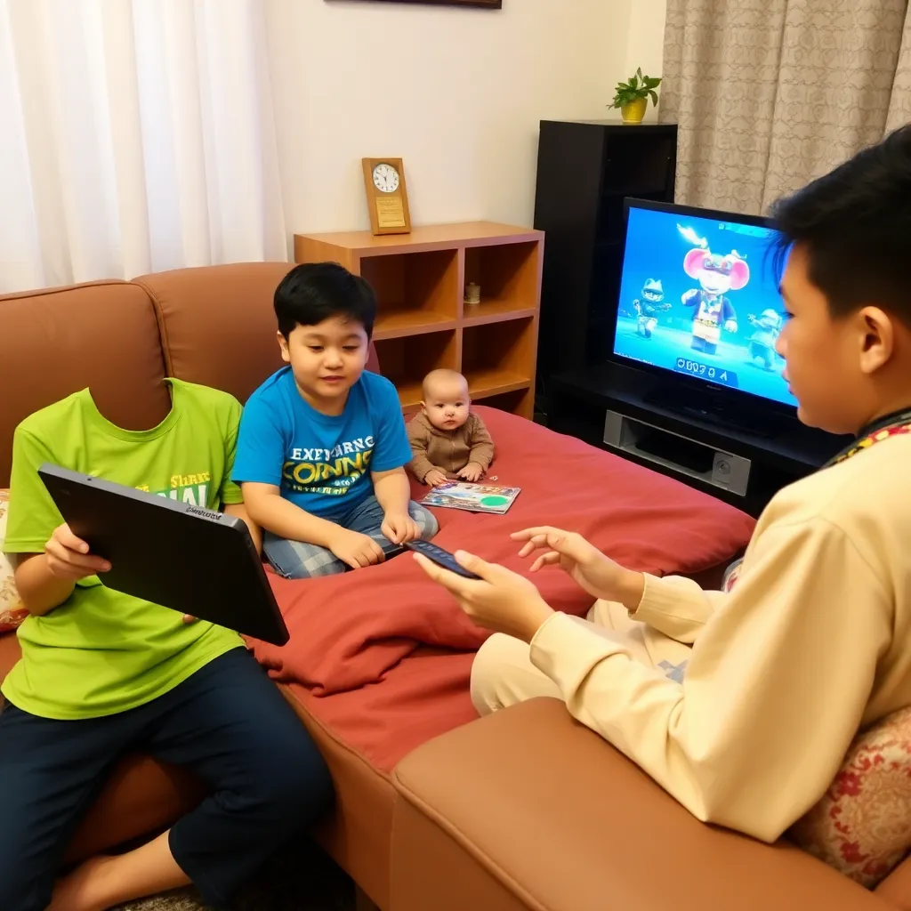 Keluarga bahagia sedang bermain game Roblox bersama di ruang keluarga dengan suasana ceria dan hangat