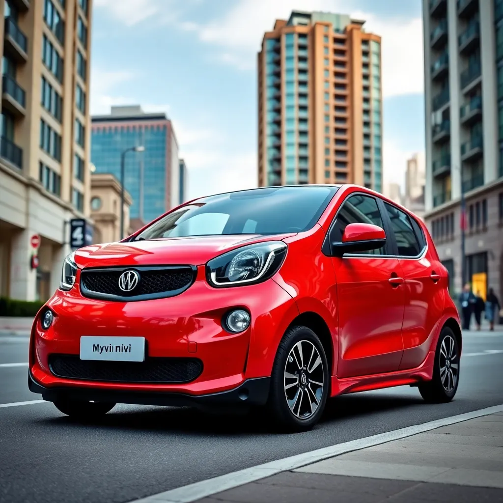 Myvi sporty red car parked on an urban street with city buildings in background