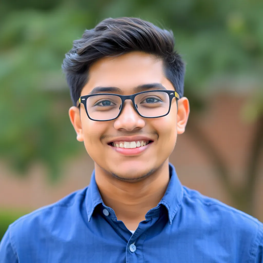 Portrait of Anmol, a young man wearing glasses and a blue shirt, smiling