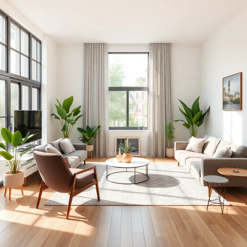 Bright modern living room interior with stylish furniture, plants, and natural light