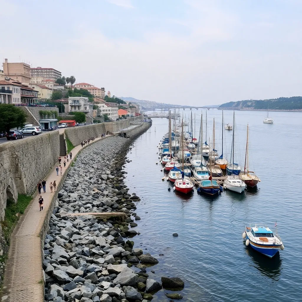 A river with many boats docked along a rocky shore with people walking on a narrow path