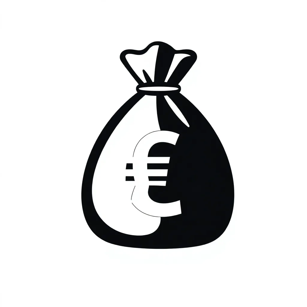Black and white icon of money bag with euro symbol, transparent background